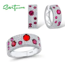 SANTUZZA Серебряный набор украшений для женщин 925 пробы серебряные сверкающие красные серьги-гвоздики с камнем набор колец Гламурные модные ювелирные изделия