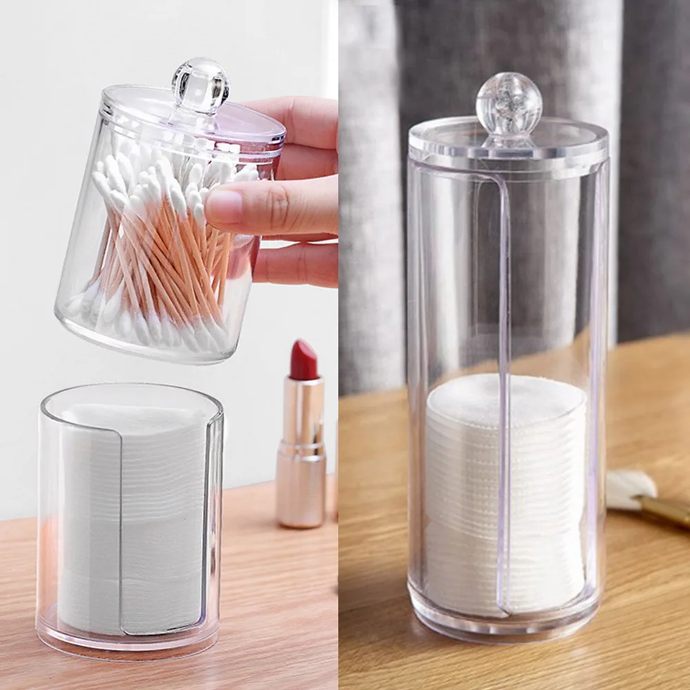 

Acrylic Cosmetic Makeup Cotton Pad Organizer Sundries Storage Box Travel Cosmetic Storage Case Round Jewelry Container