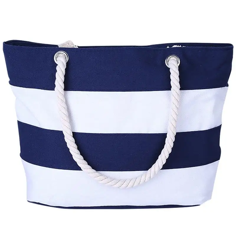 

Causal Stripe Canvas Handbag Color Patchwork Summer Beach Bag Women Fashion Shoulder Bag Shopping Travel Bag