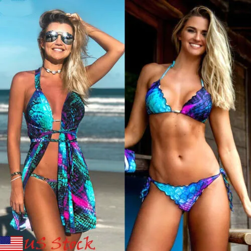 

2019 Fashion sexy lady Women 3pcs Push-up Padded Bra Bandage Bikini Set Swimsuit Triangle Swimwear Bathing cover up Hanging neck
