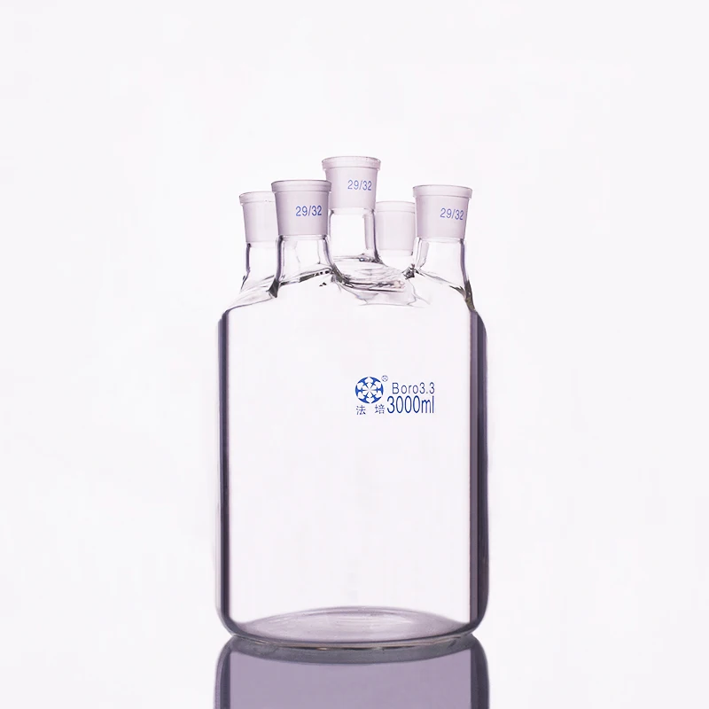 

Single-layer cylindrical flat bottom five-necked flask 3000ml,Joint 29/32,Single-layer reactor bottle,Straight neck