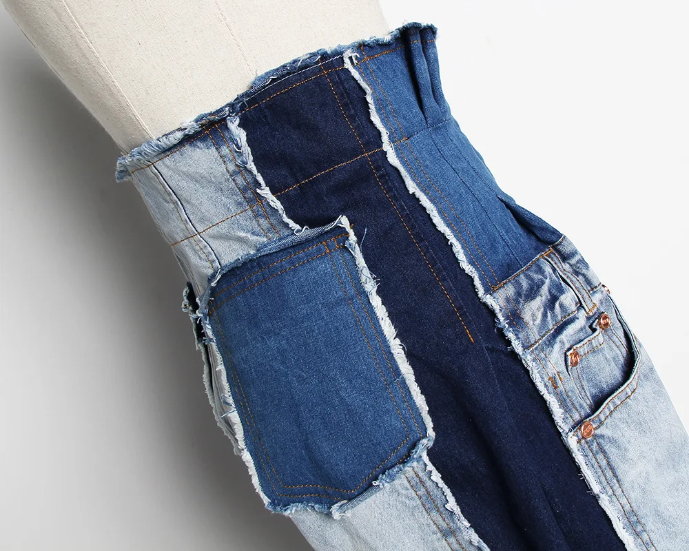 [EAM] 2019 New Spring Summer High Waist Loose Hit Color Denim Pocket Blue Long Wide Leg Jeans Women Trousers Fashion Tide JR841