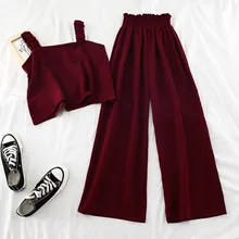 Women Sleeveless Tank Two Piece Outfits Wide Leg Pants Suits Sets 2019 Fashion Solid Crop Top Elastic Waist pants Matching Sets