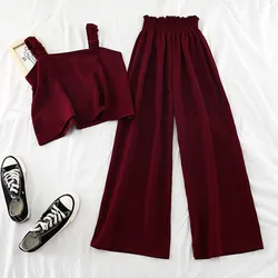 Women Sleeveless Tank Two Piece Outfits Wide Leg Pants Suits Sets 2019 Fashion Solid Crop Top Elastic Waist pants Matching Sets Women Sleeveless Tank Two Piece Outfits Wide Leg Pants Suits Sets 2019 Fashion Solid Crop Top Elastic Waist pants Matching Sets