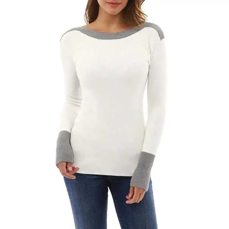 

2019 Women Stitching Collar Long SleeveT Shirt Elegant Spring Winter Warm Knitted Pullover Tops Fashion Casual Female Sweater
