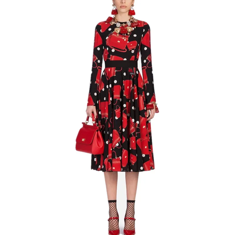 

2019 New Fashion Runway Spring Summer Party Dress Women Long Sleeve O Neck Red Bag Printed Elegant Medium Long Dress Vestidos