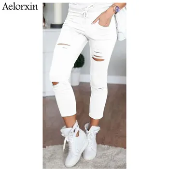 

2019 Blast oversized code hole high waist high elastic small foot pencil jeans casual cotton nine minutes ladies jeans