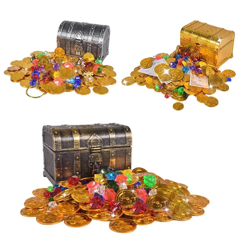 Сокровище охотничья коробка детская шкатулка для драгоценностей Ретро пластиковая большая коробка игрушка золотые монеты и пиратские драгоценные камни ювелирные изделия игровой набор упаковка