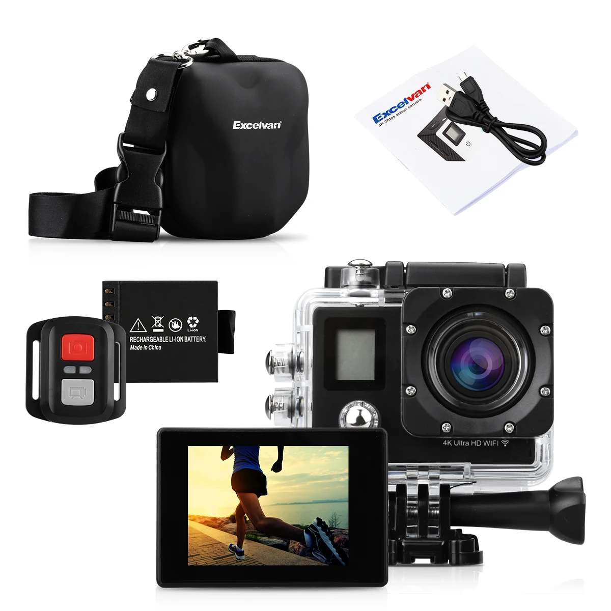 

Excelvan Dual-Screen sport action camera with a photography hanging bag and a remote control built-in battery