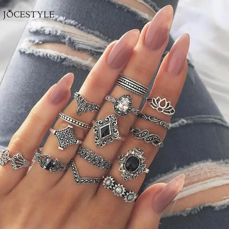 

15 Pcs Bohemian Retro Crystal Flower Leaves Hollow Lotus Gem Silver Ring Set Women Wedding Anniversary Gift Jewelry