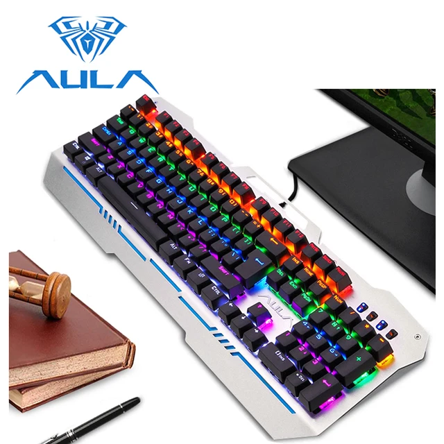 Best Price AULA Mechanical Keyboard USB Wired Metal Panel Blue Switch RGB LED Backlit 104 Keys Ergonomic Laptop PC Gamer Keyboard #SI2009