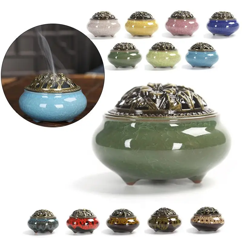 

Ceramic Incense Burner Censer Buddhism Coil Stick Holder Ash Catcher Aromatherapy Decor Ice Cracking Kiln for Home Teahouse