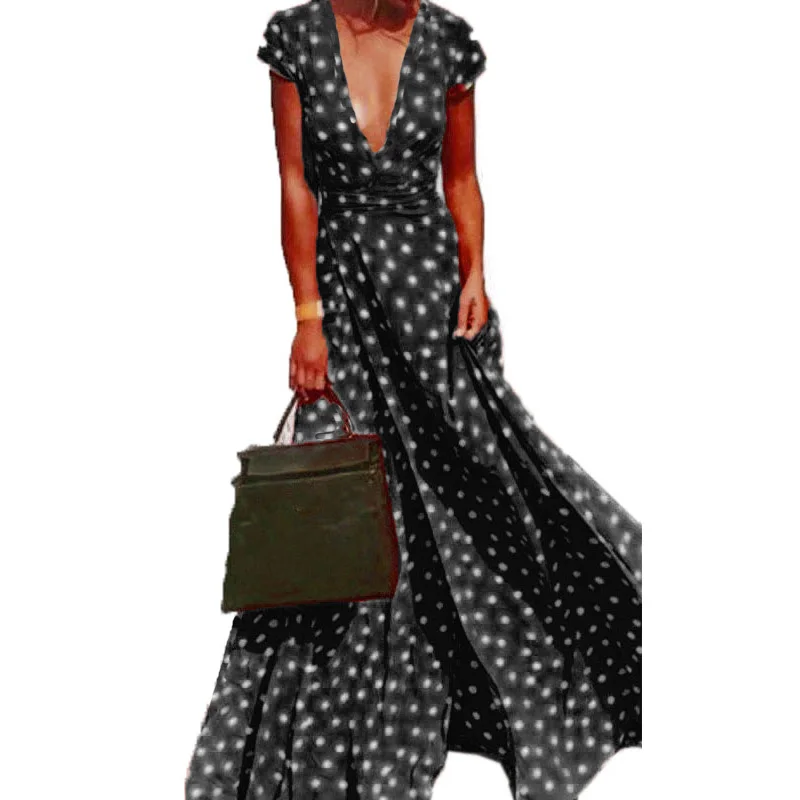 

2019 ZANZEA Women Summer Polka Dot Deep V Neck Short Sleeve Split Casual Party Beach Maxi Long Dress Vestido Sundress Plus Size