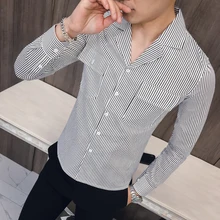 Весна мужской костюм воротник с длинным рукавом полосатая рубашка Camisa Hombre Camisa Masculina для мужчин Клубные вечерние свадебные Slim Fit рубашка
