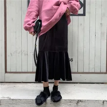 Элегантные офисные Осень Корея Женская одежда модный тренд темперамент Высокая талия chic сплошной черный бархат трубы юбки