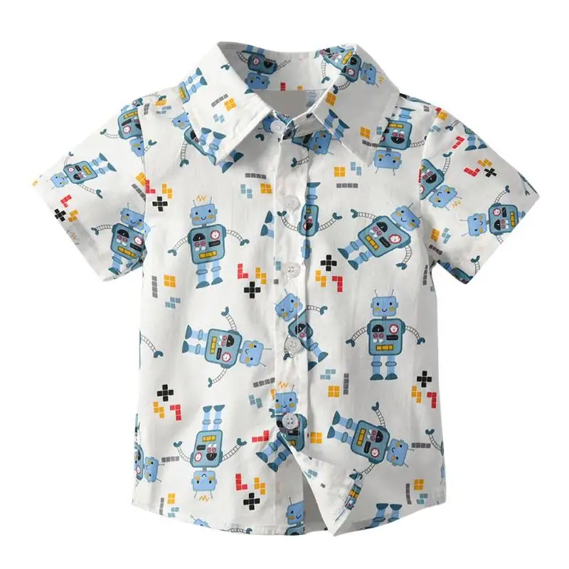 

2019 Summer Cartoon Robots Print Boys Cotton Shirt Turn Down Collar Short Sleeve Kids Shirt Children's Clothes For 1 to 5Y Boys