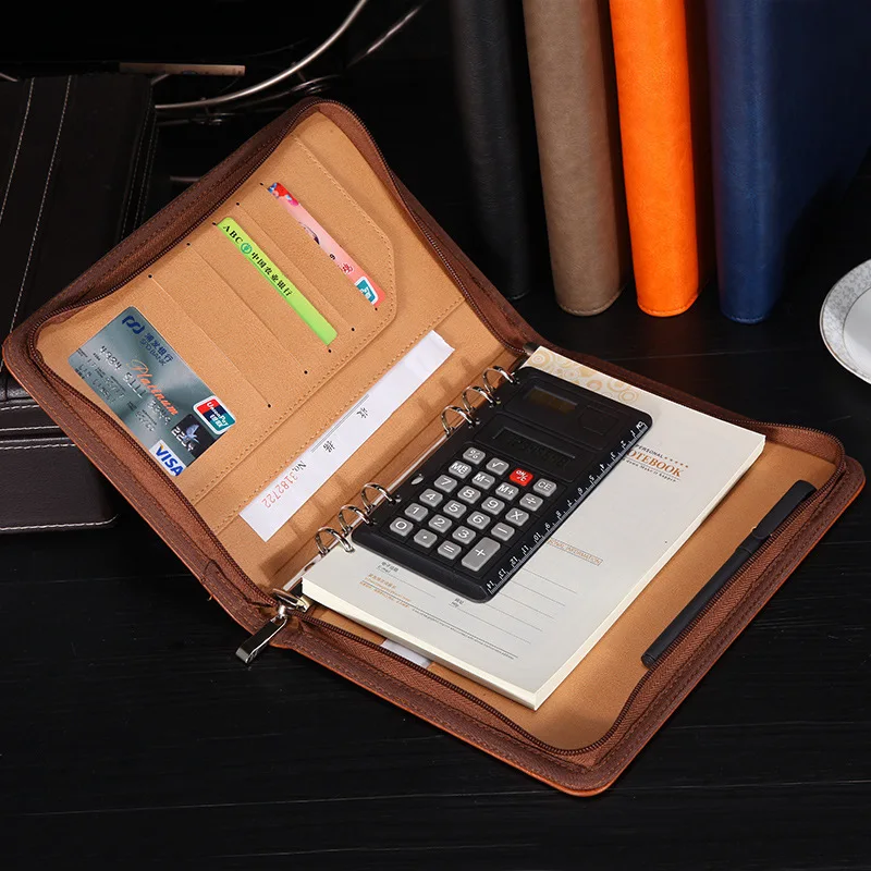 

Leather Cover A5 Zipper Notebook Spiral Bound Loose leaf Calculater Business Notepad Travel Journal Diary Memo Book