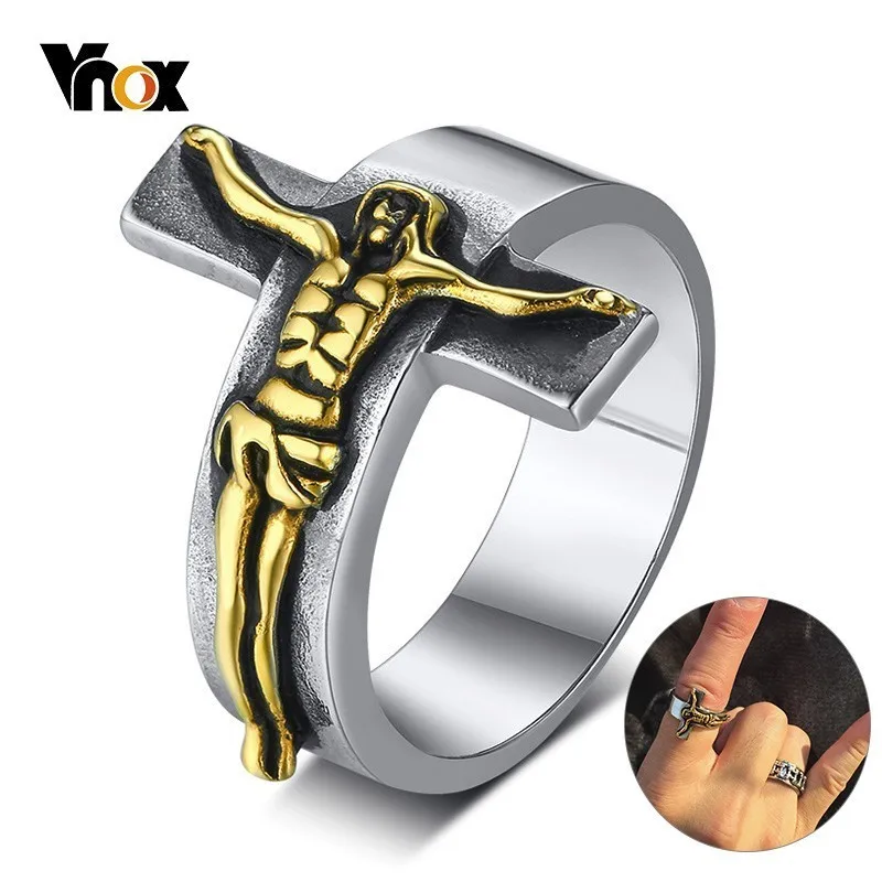 

Vnox Punk Cross Rings for Men Stainless Steel Gothic Jesus Christ Religious Jewelry Original Design Male Finger Band