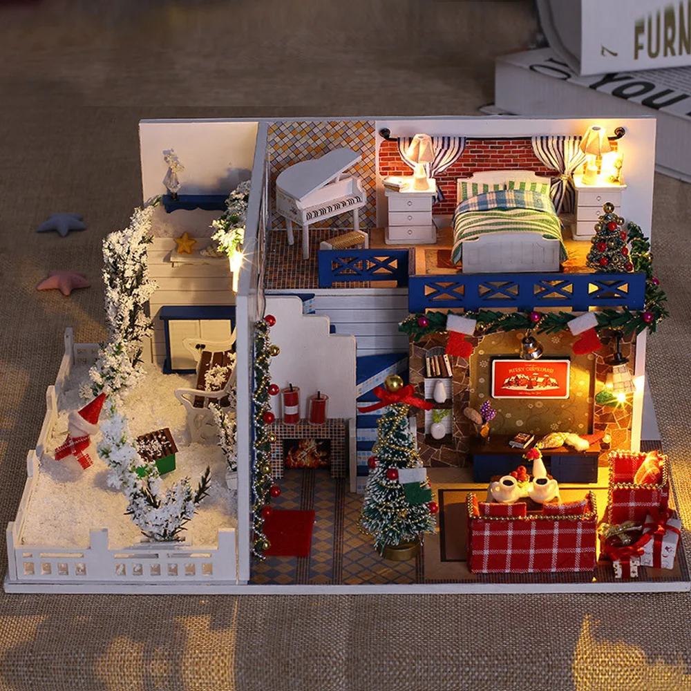 DIY Handmade Miniature Wooden Dollhouse Kit LED Light Kids Toy Christmas Gift DIY Handmade Miniature Wooden Dollhouse Kit LED Light Kids Toy Christmas Gift
