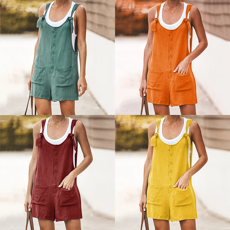 

Women Playsuit U-neck Strap Loose Casual Bib Mini Siamese Sweatpants Beach Pants Ladies Overall Rompers