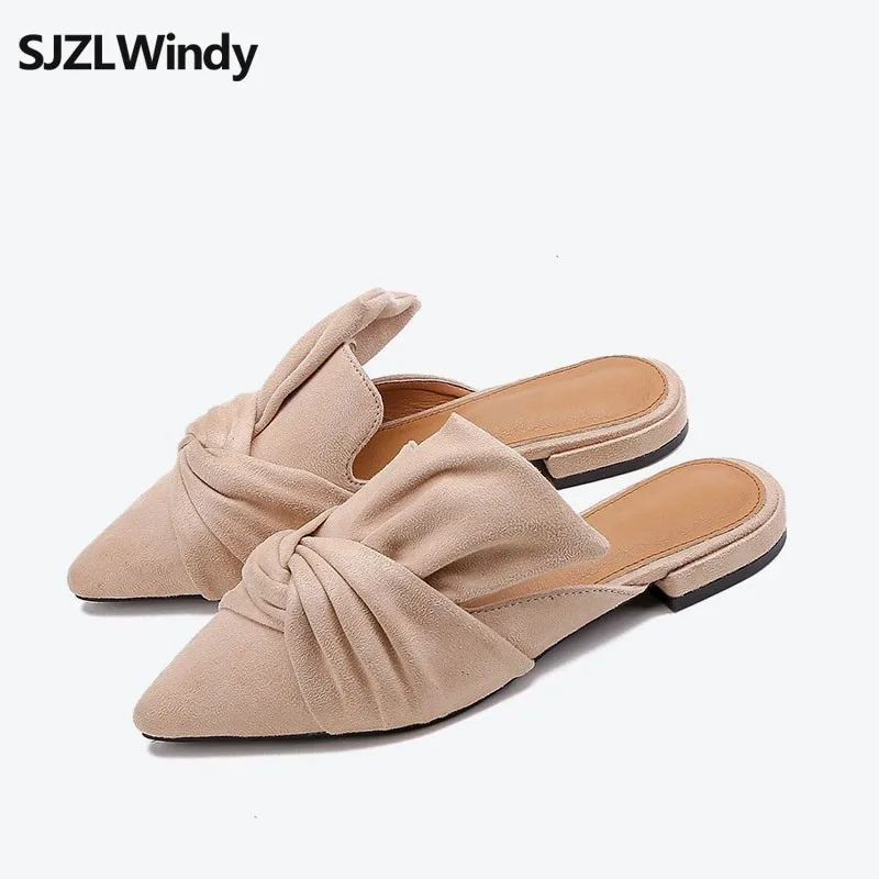 

Women Slippers Flock Bowtie Female Mules Fashion Low Heels Shoes Pointed Toe Ladies Plus Size Elegant Woman Slipper New