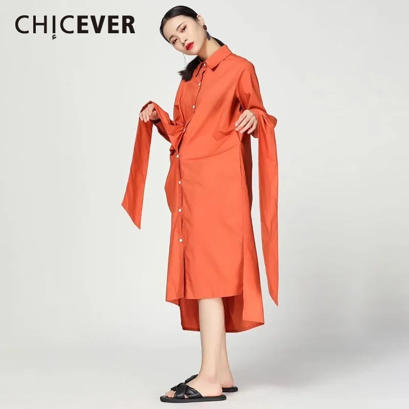 

CHICEVER Fashion New Women Dress Lapel Long Sleeve Bow Sashes Irregular Hem Button Loose Oversize Female Mid-calf Dresses Tide