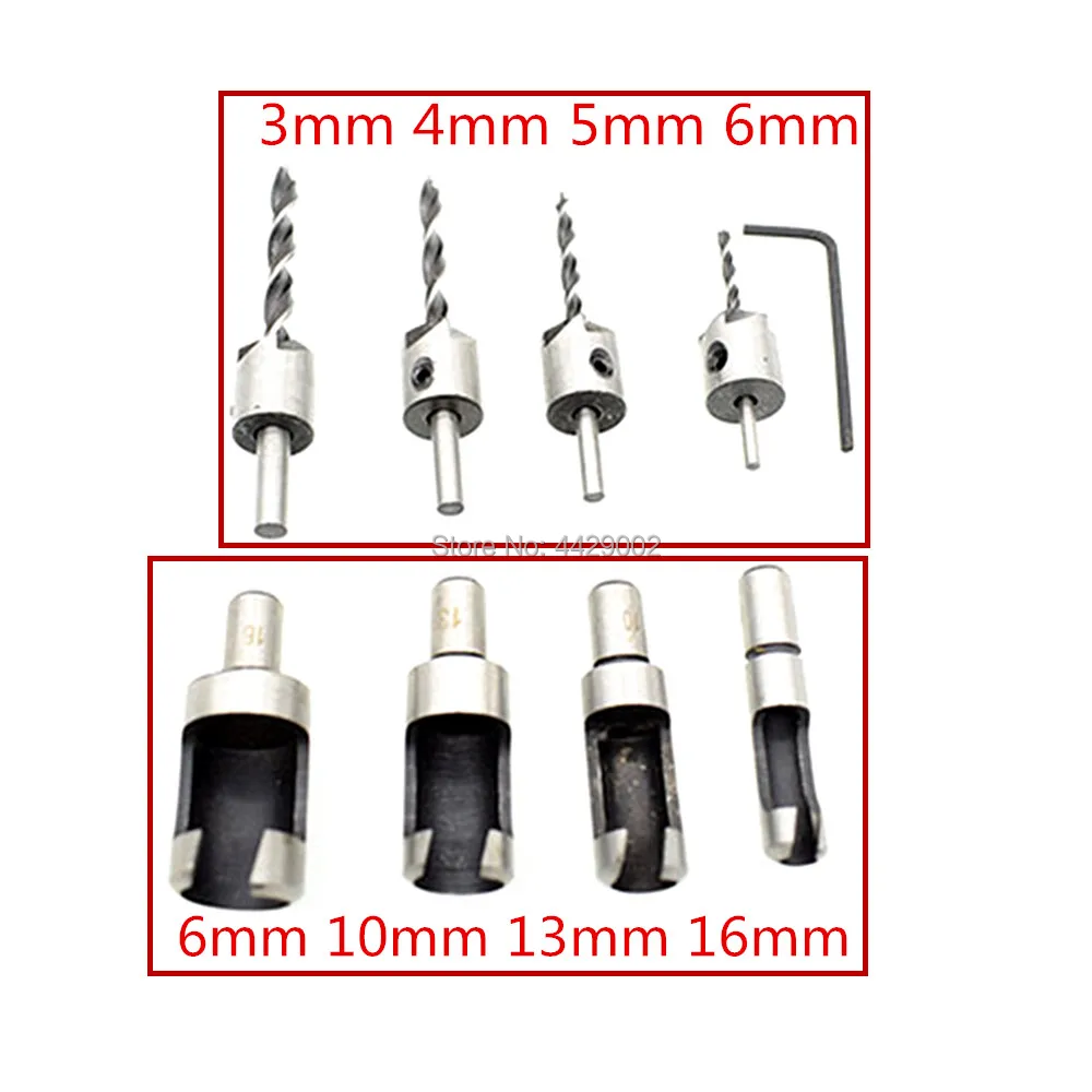 8pc Wood Plug Cutter Tapered Plugs 6mm 10mm 13mm 16mm and Countersink Drill Set 3mm 4mm 5mm 6mm Counter Bit Drilling Pilot Holes