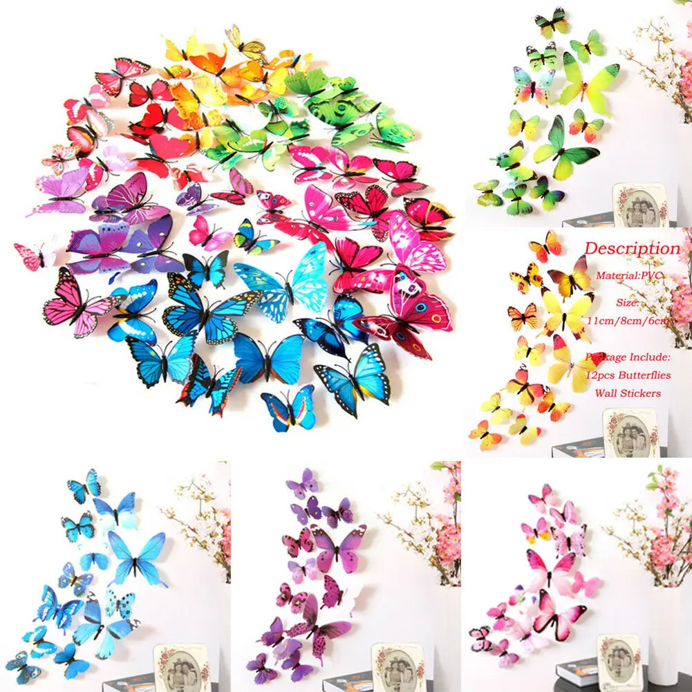 12PCS 3D Butterfly Fake Wall Sticker Art Design Home Bedroom Decals DIY Stickers | Дом и сад