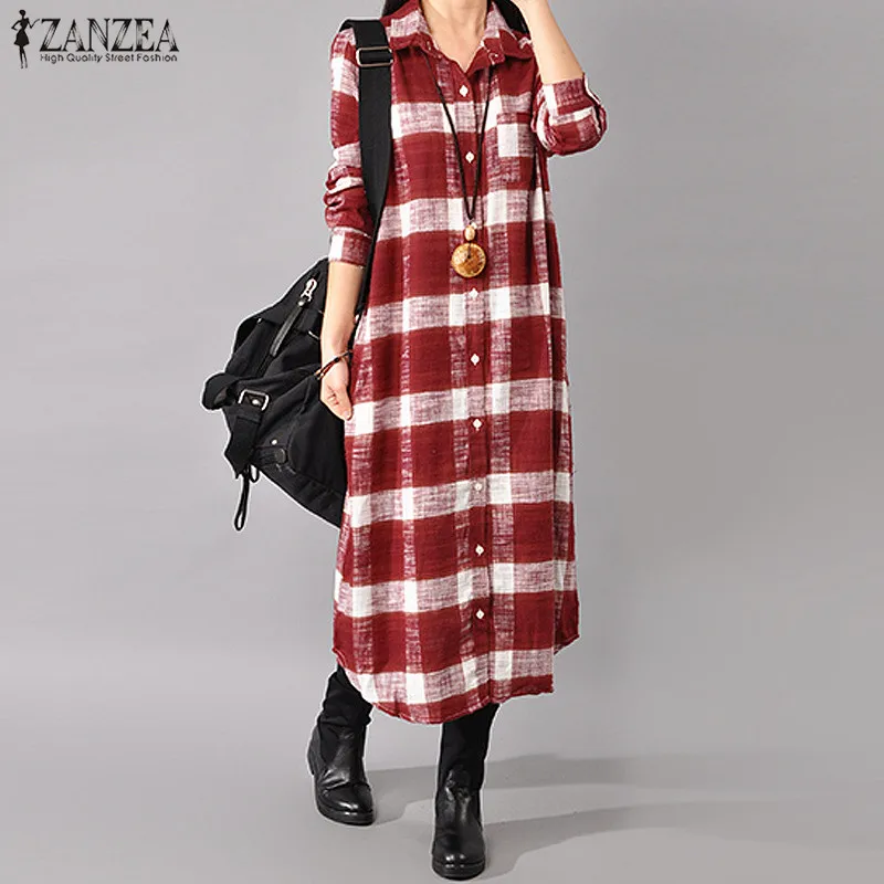  2019 Plaid Checked Shirt Vestido ZANZEA Women Lapel Neck Long Sleeve Long Dress Casual Buttons Down