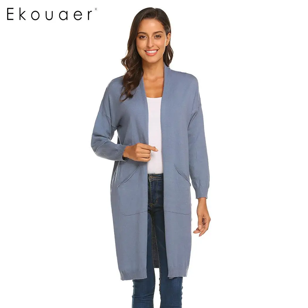 

Ekouaer Women Cardigan Sweater Long Sleeve V-Neck Open Front Solid Slim Cardigans Ladies Pockets Sweaters Casual Clothes S-XXL