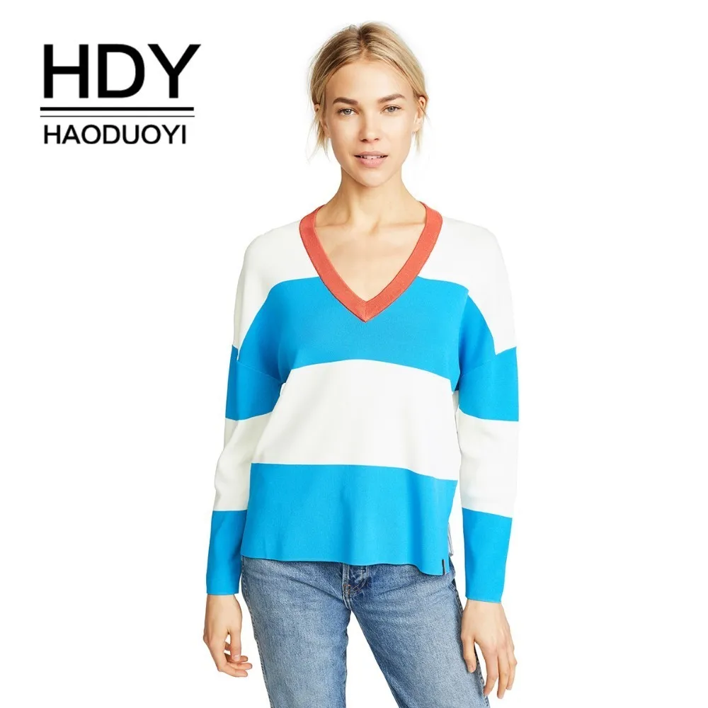 HDY Haoduoyi Loose V-collar colour-impact knitted sweater with wide stripe splicing arc hem HDY Haoduoyi Loose V-collar colour-impact knitted sweater with wide stripe splicing arc hem