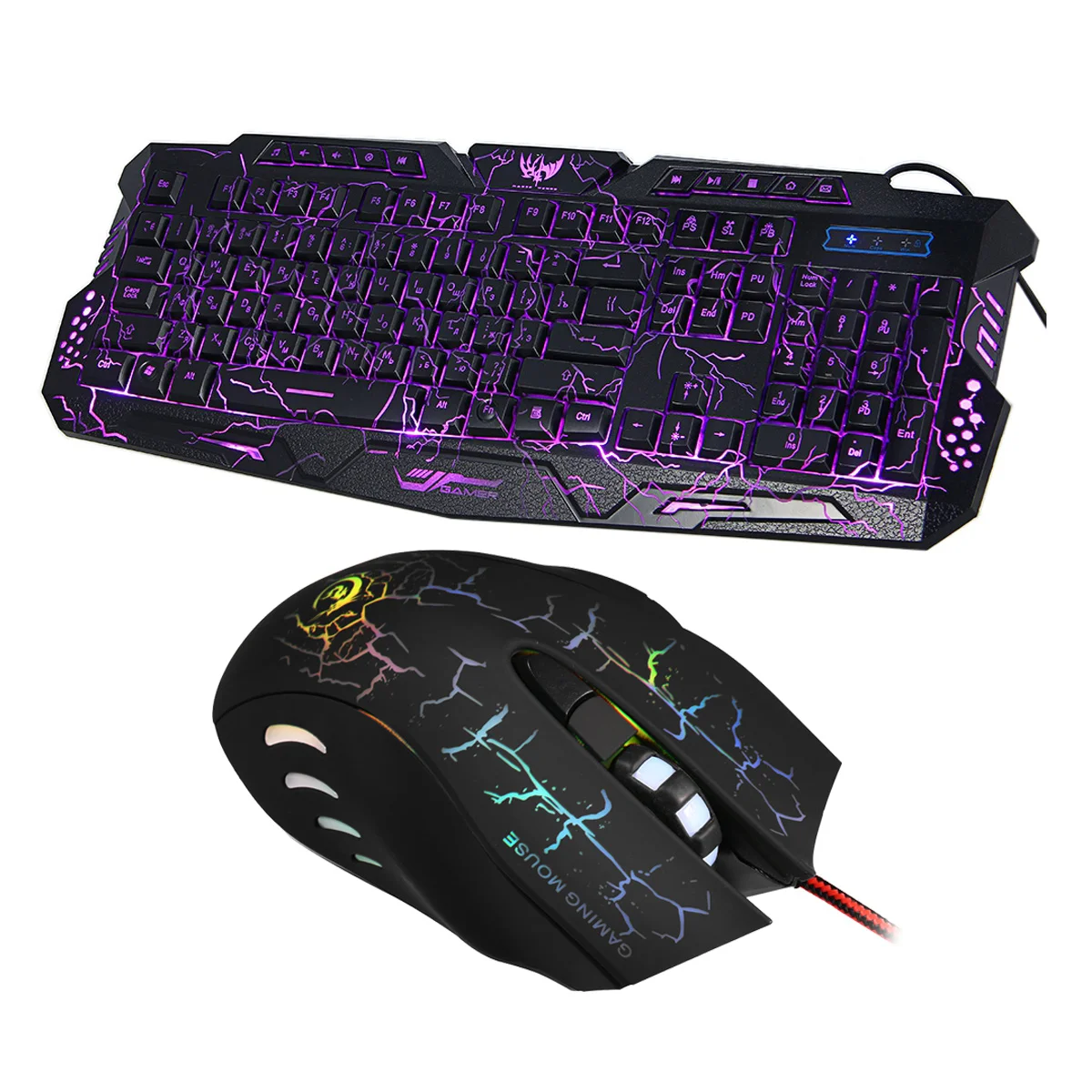 

J10 Russian Language Crackle Colorful Backlight Gaming Keyboard Mouse Set USB Multimedia Ergonomic Crack Mouse Keyboard Combos