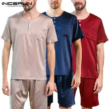 INCERUN Шелковый Атлас лето Для мужчин пижамы комплект пижамы костюм мягкие топы с короткими рукавами и шорты Домашняя одежда Для мужчин набор ночных рубашек S-5XL