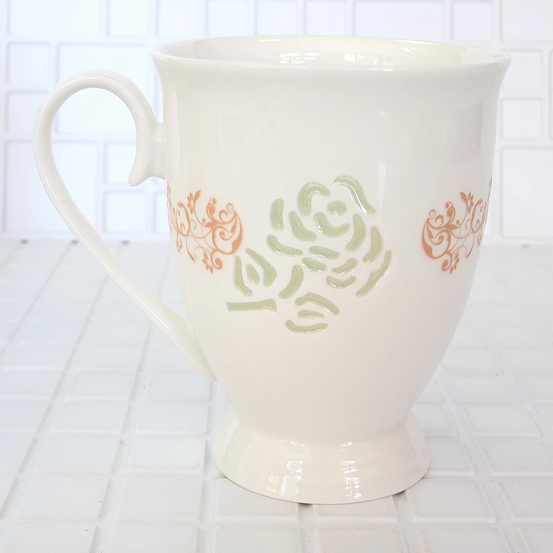 

High quality bone china self stirring coffee mug White high abstract flower pattern 320ml Birthday Holiday Gift