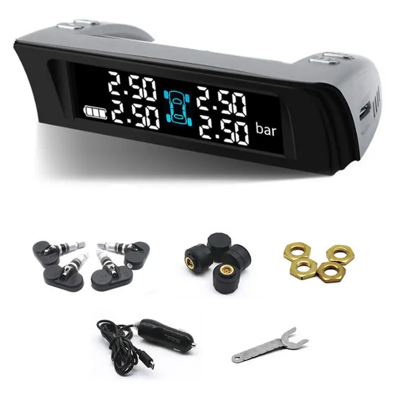 

Wireless Solar Tire Pressure Monitor TPMS System DC12V Universal Digital LCD Display Vehicle 0.8-6 Bar Tire Monitoring Alarm