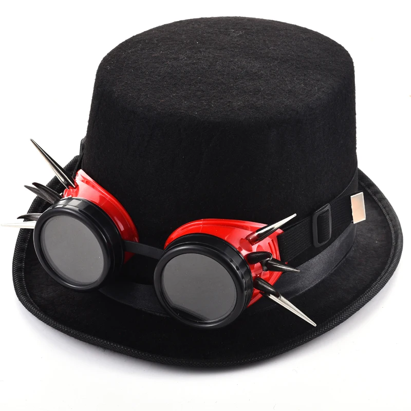 

Vintage Women Men Black/Red Goggles Rivet Fedora Hat Steampunk Glasses Hats Cosplay Party Gothic Headwear Accessories