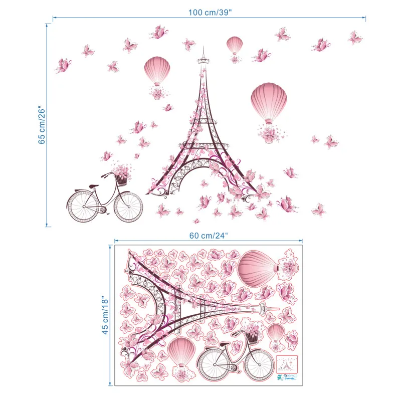 Розовый цветок велосипед Парижская башня наклейки на стену Виниловая Наклейка Фреска Искусство бабочки романтическая Эйфелева башня DIY Свадебный декор для спальни