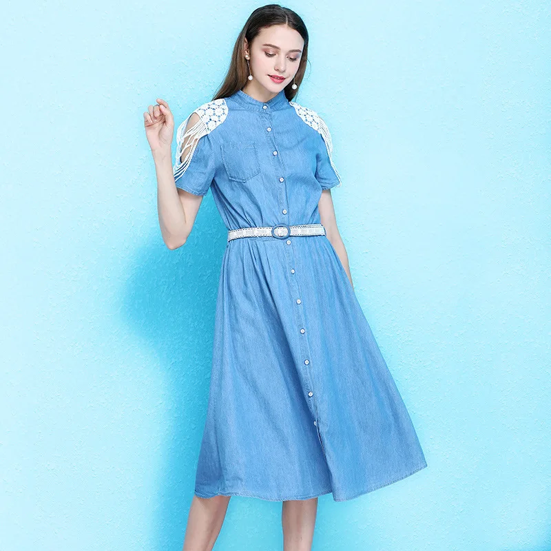 

Nordic winds dress summer new European and American overknee denim dress waist slim thin a-line big swing denim dress NW19B6109