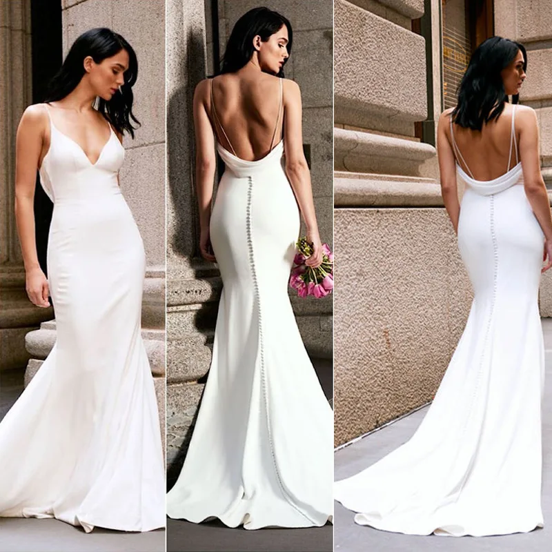 Mermaid Wedding Dress Long White Backless Sweep Train Sleeveless Deep V ...