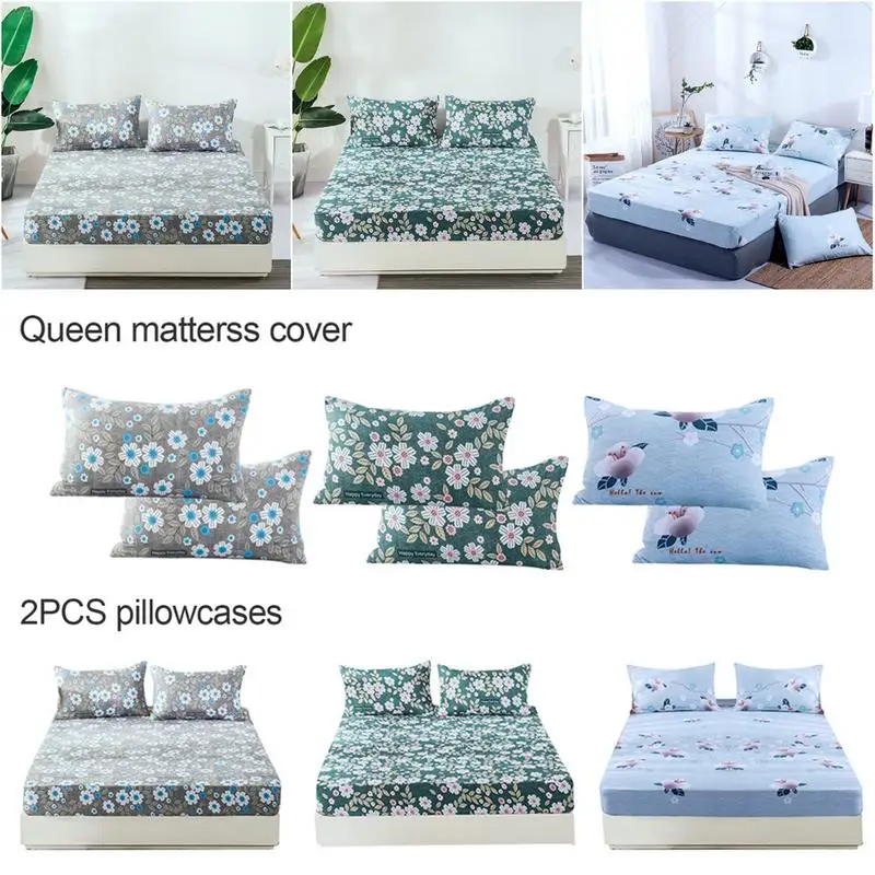 

Queen Bed Fitted Sheet Cover Floral Printed Soft Pillow Case