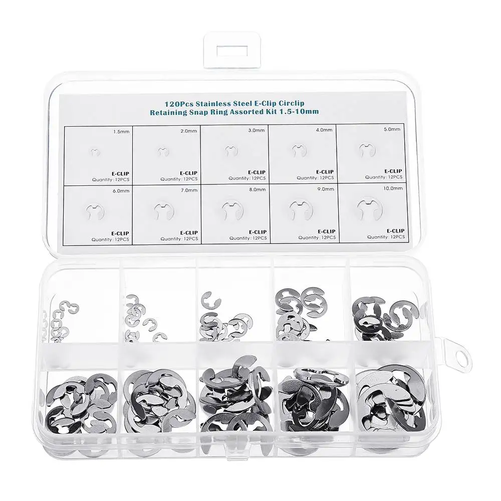 

120Pcs Stainless Steel E-Clip Circlip Retaining Snap Ring 1.5-10mm Assortment Kit For Retention of Bearing Gear Pulley