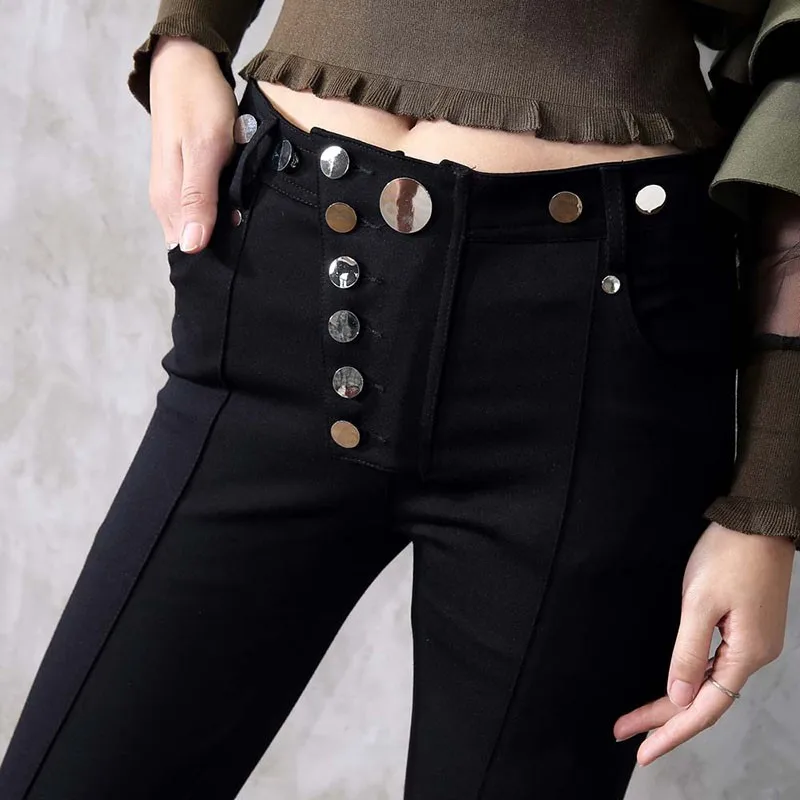 

WQJGR 2019 New Female Pencil Pants Black Buckle Zipper Streetwear Jeans Woman Elastic High Quality Trousers Women