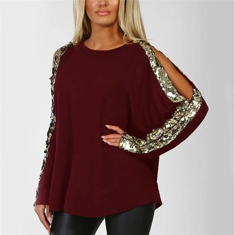 Plus Size Women Sequin Shirts Tops Summer Ladies Long Sleeve Hole Loose