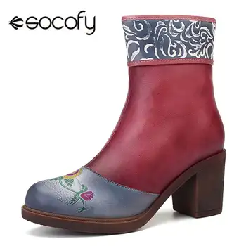

Socofy Genuine Leather Splicing Block Heels Ankle Boots Women Shoes Woman Zipper Flower Printed Retro Women Boots Mujer Botas