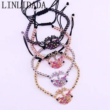 

8Pcs Pave Colorful Cz Tree Charm Braided Macrame 4mm Copper Beads Bracelet Jewelry For Women