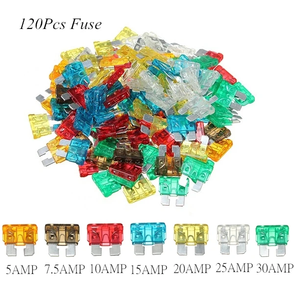 

120Pcs/Set Assorted Mini Blade Fuses Kit Zinc Alloy Auto Car Truck Fuse 5A 7.5A 10A 15A 20A 25A 30A For Auto Car Truck