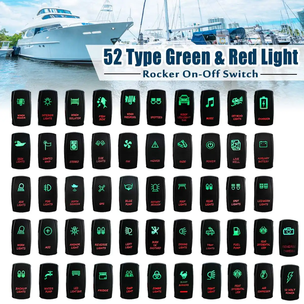 

12V 24V Car Boat Rocker Switchs 5 Pins Dual LED Green Red Lights Rocker Switch Button for Marine Caravan 4x4