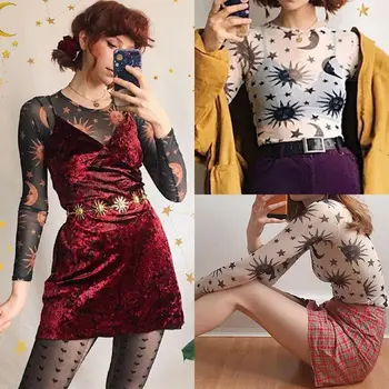 

Women See Through Top Sheer Mesh Blouse Long Sleeve Black Turtle Neck Shirt