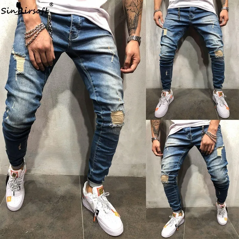 

Stretch Broken Copper Denim Men's Slim Feet Pants Goods Europe And America Street Skateboard Casual Large Size Fashion Pants