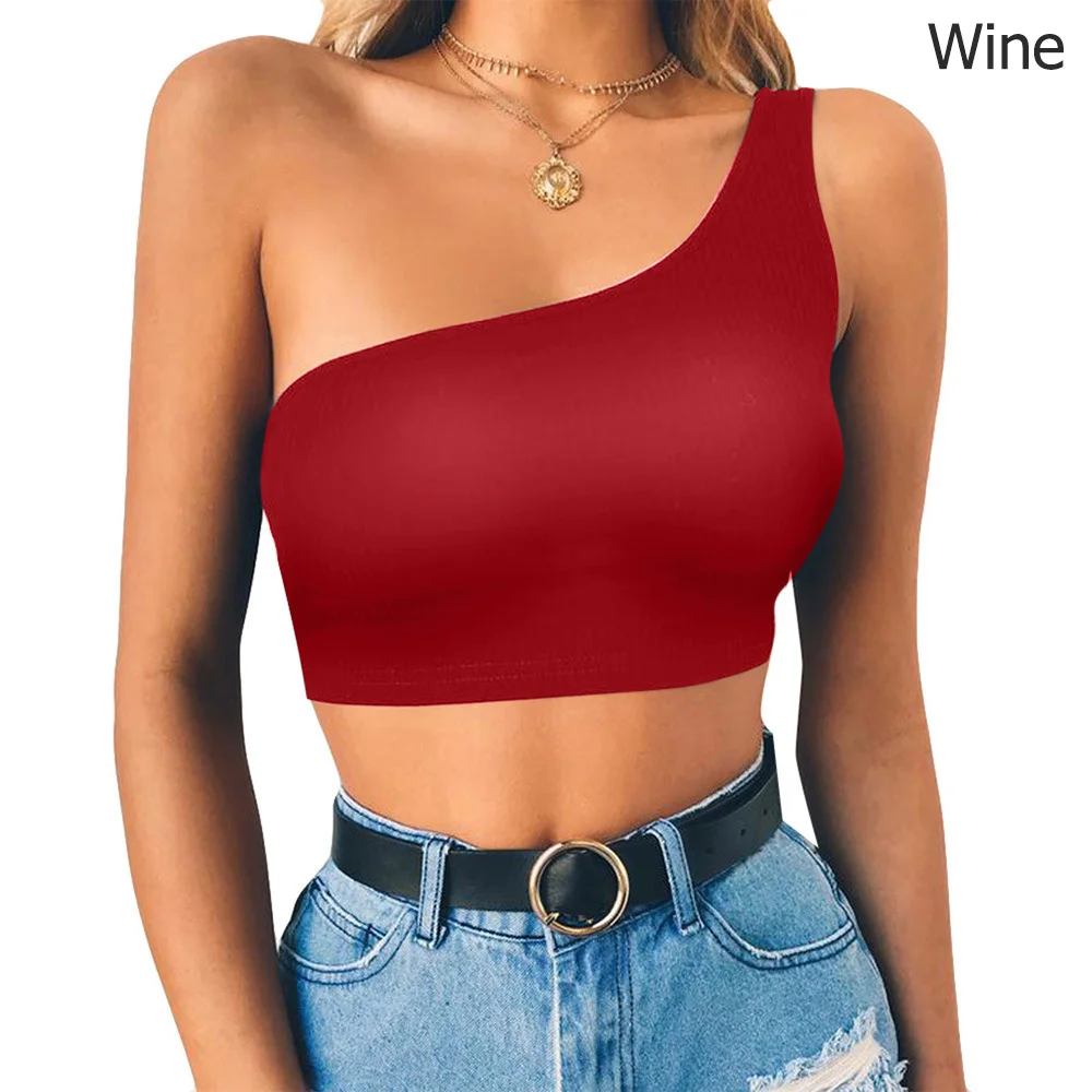 

Summer Women Female One Shoulder Crop Tops Sleeveless T-Shirt Tank Tops Summer Beach Vest Bare Midriff Lady Fashion Clothes 2019